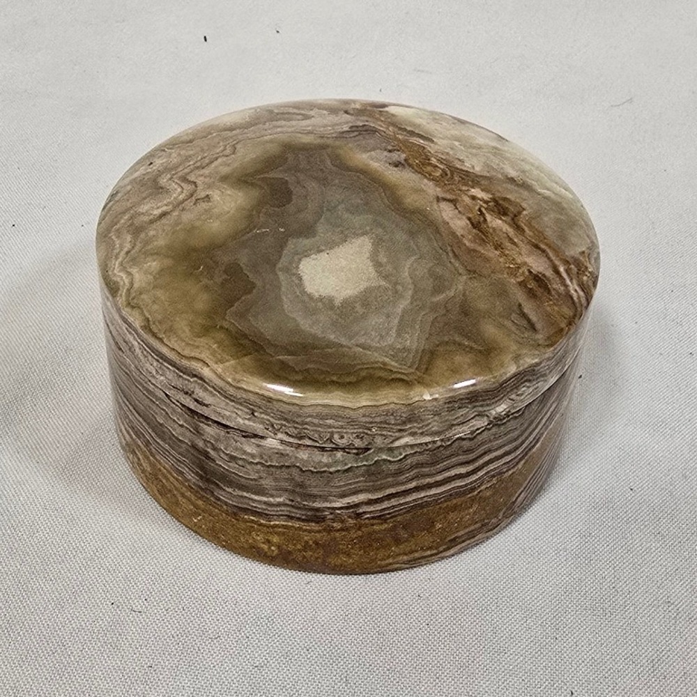 Vtg hand‎ carved marbled stone cylindrical lidded trinket vanity box earthy boho